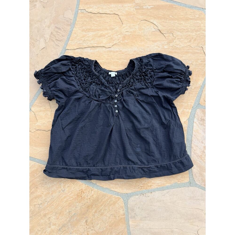 Sundance Black Short Sleeve Smocked Cotton Blouse
